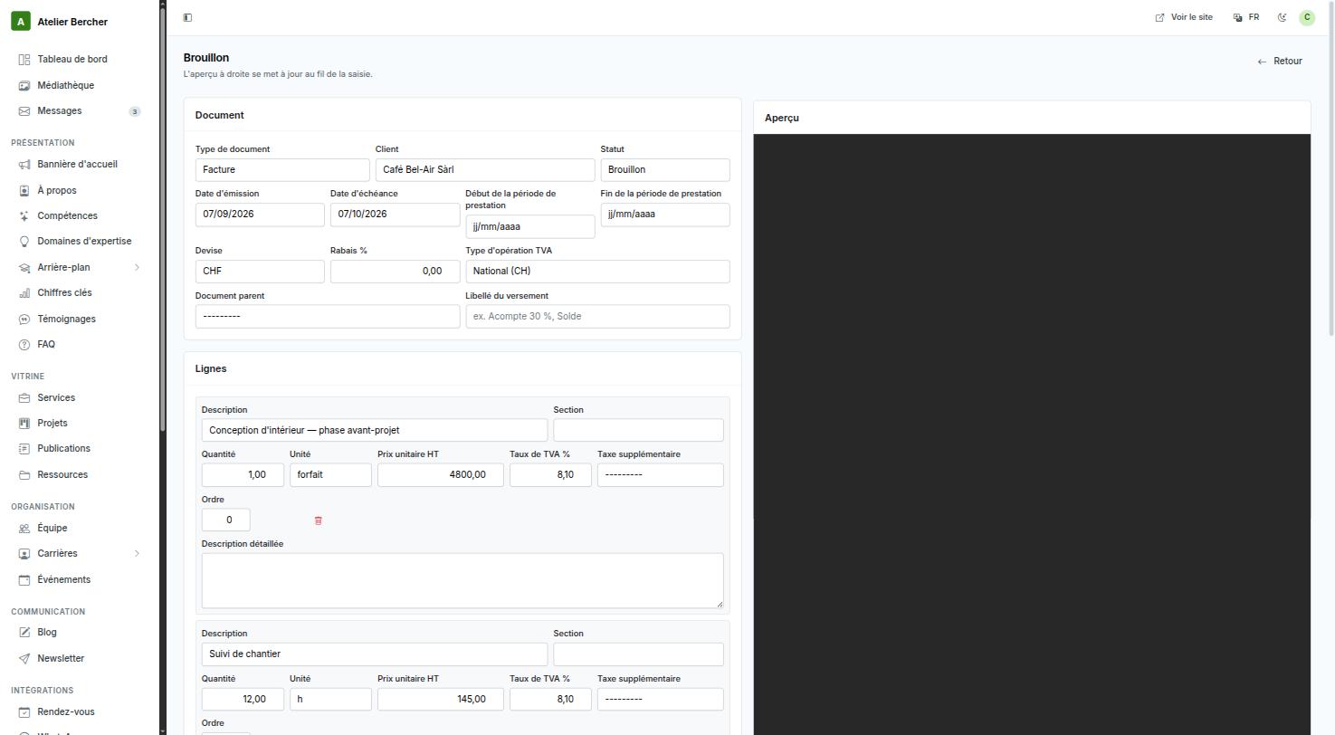 Das Rechnungsstudio: links das Formular mit Dokumentangaben und Positionen, rechts die Live-Vorschau.